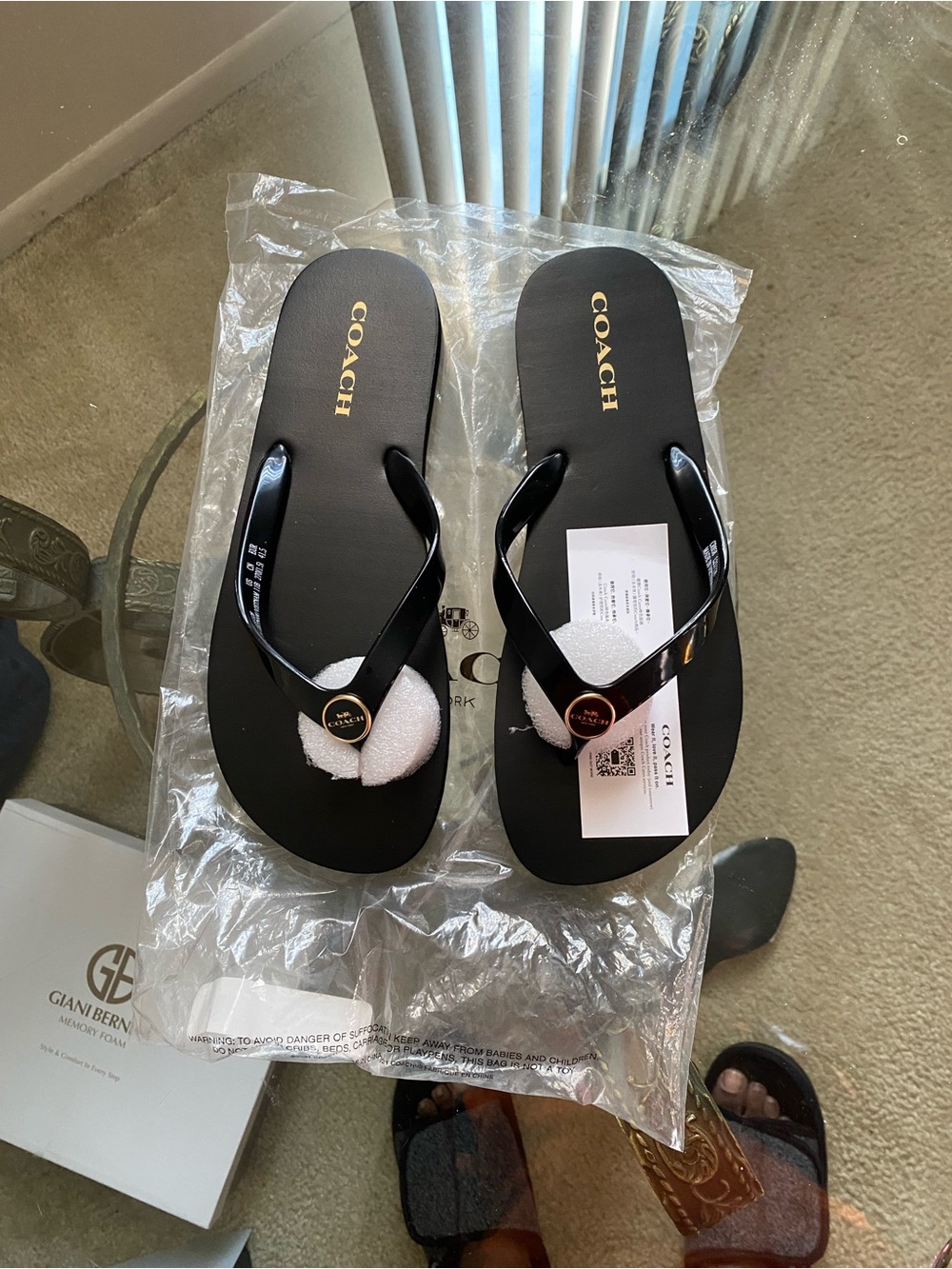 Coach Black Logo Medallion Flip Flop Sandals